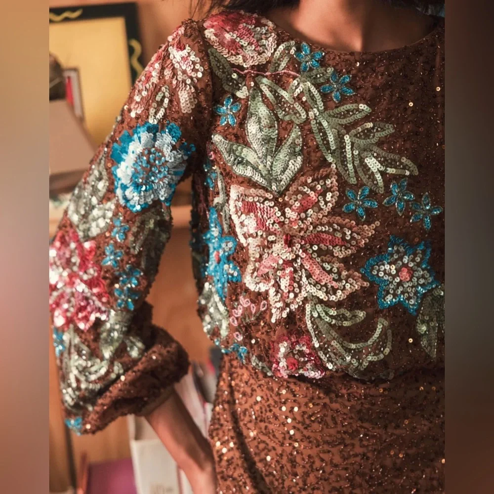 NWT $598 MAC DUGGAL Brown Embellished Floral High Neck Gown DRESS LONG SLEEVES